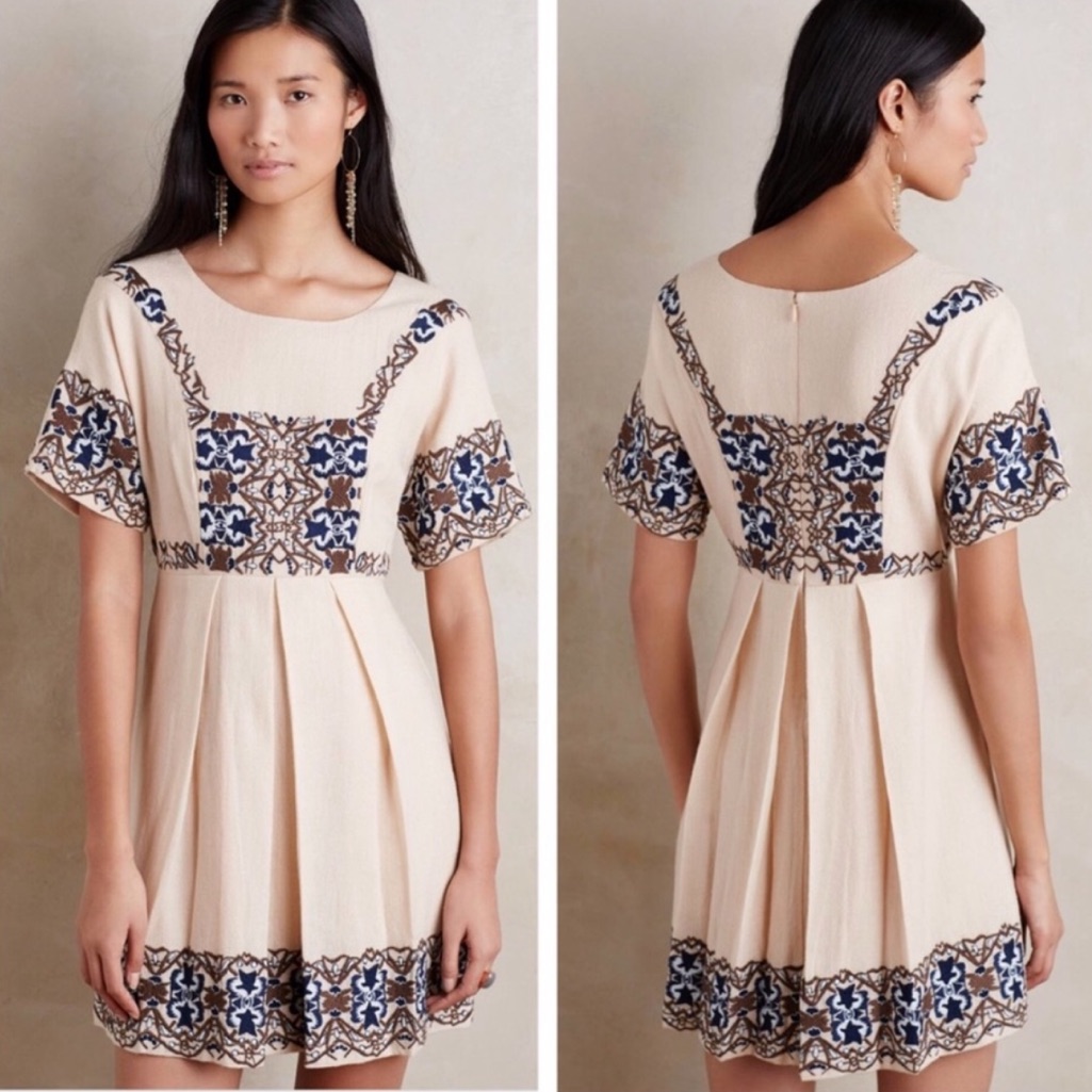 Korovilas Anthropologie Bresle Dress Pleated Ivory Cream Sz 6p